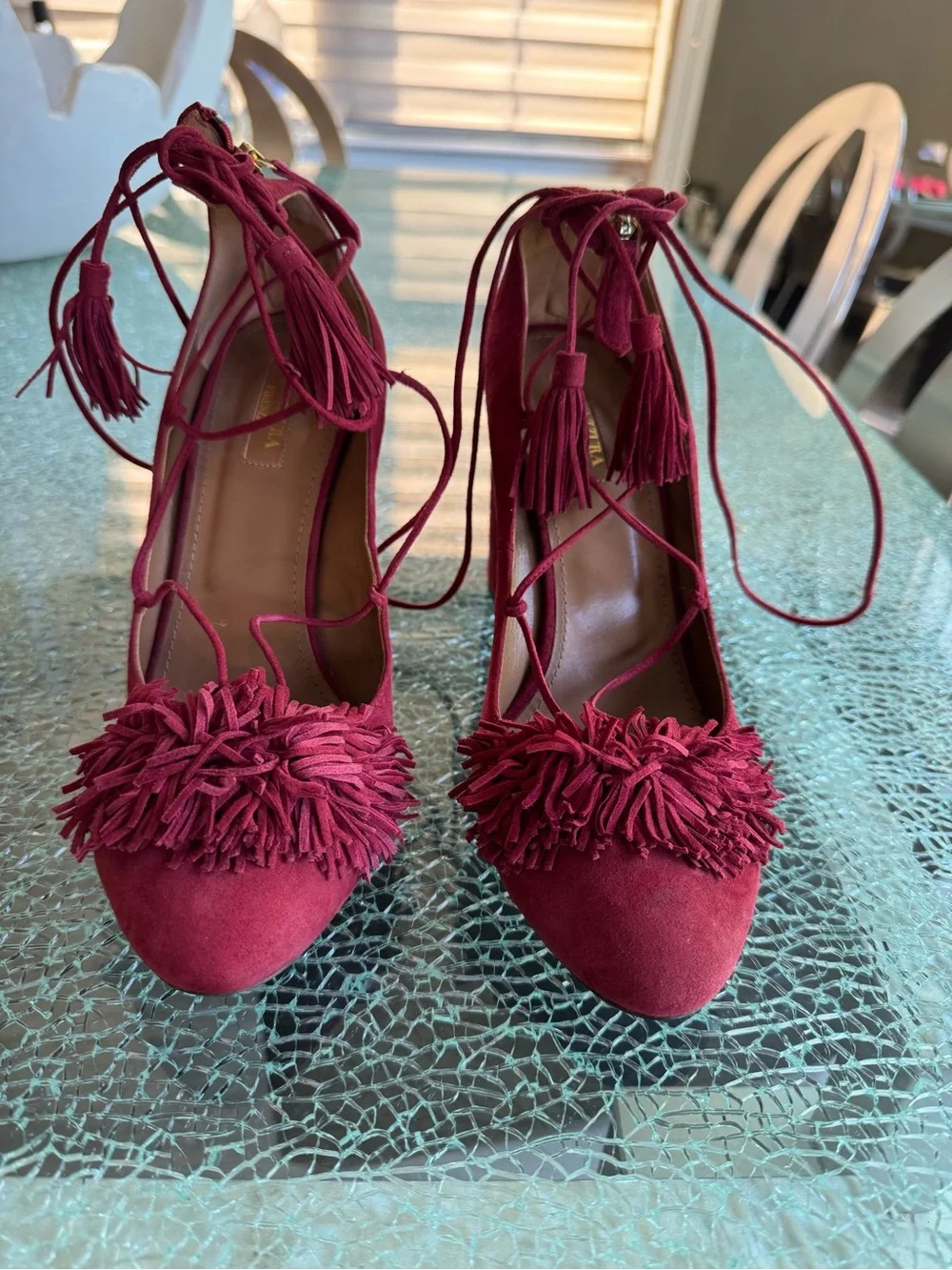 Aquazzura Women's Burgundy Tassel Lace-Up Pumps 40